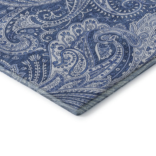 HomeRoots 8' Navy Blue and Ivory Paisley Round Rug - Washable, UV Protected, Ideal for High-Traffic Areas 654671