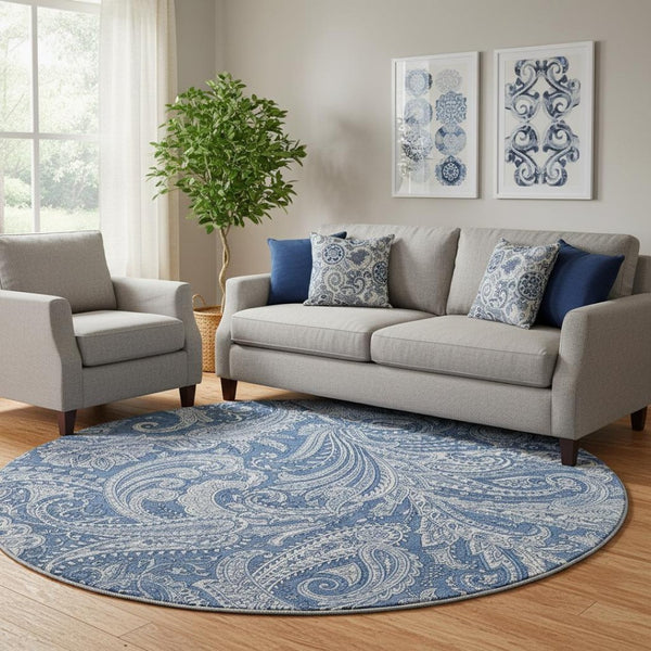 HomeRoots 8' Navy Blue and Ivory Paisley Round Rug - Washable, UV Protected, Ideal for High-Traffic Areas 654671