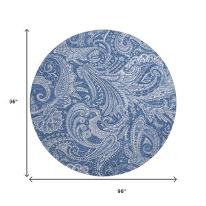 HomeRoots 8' Navy Blue and Ivory Paisley Round Rug - Washable, UV Protected, Ideal for High-Traffic Areas 654671