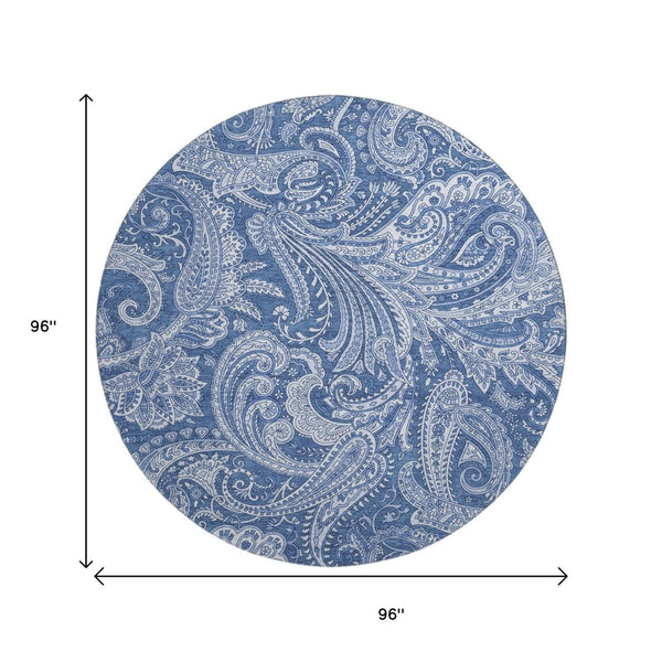 HomeRoots 8' Navy Blue and Ivory Paisley Round Rug - Washable, UV Protected, Ideal for High-Traffic Areas 654671