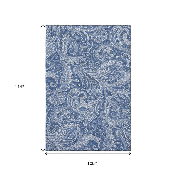 HomeRoots 9' Navy Blue and Ivory Paisley Washable Area Rug – Durable, UV-Protected, Stylish for Any Space! 654673