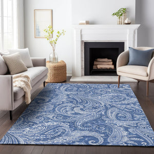 HomeRoots 9' Navy Blue and Ivory Paisley Washable Area Rug – Durable, UV-Protected, Stylish for Any Space! 654673