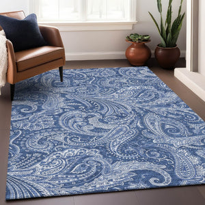 HomeRoots 9' Navy Blue and Ivory Paisley Washable Area Rug – Durable, UV-Protected, Stylish for Any Space! 654673