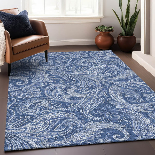 HomeRoots 10' Navy Blue & Ivory Paisley Area Rug - Washable, UV Protected, Durable for High-Traffic Spaces! 654674
