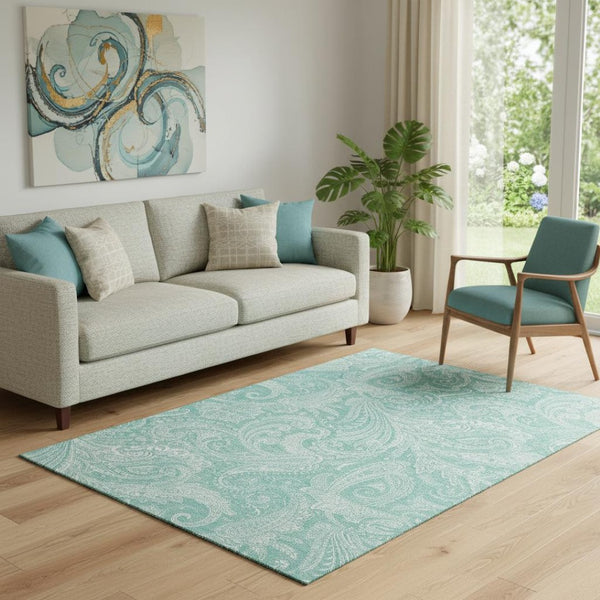 HomeRoots 5' X 8' Teal and Ivory Paisley Area Rug – Stylish, Washable, UV-Protected, Perfect for High-Traffic Spaces 654676