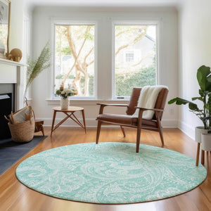 HomeRoots 8' Teal And Ivory Paisley Washable Round Rug - Stylish, Durable, Stain-Resistant with UV Protection! 654677