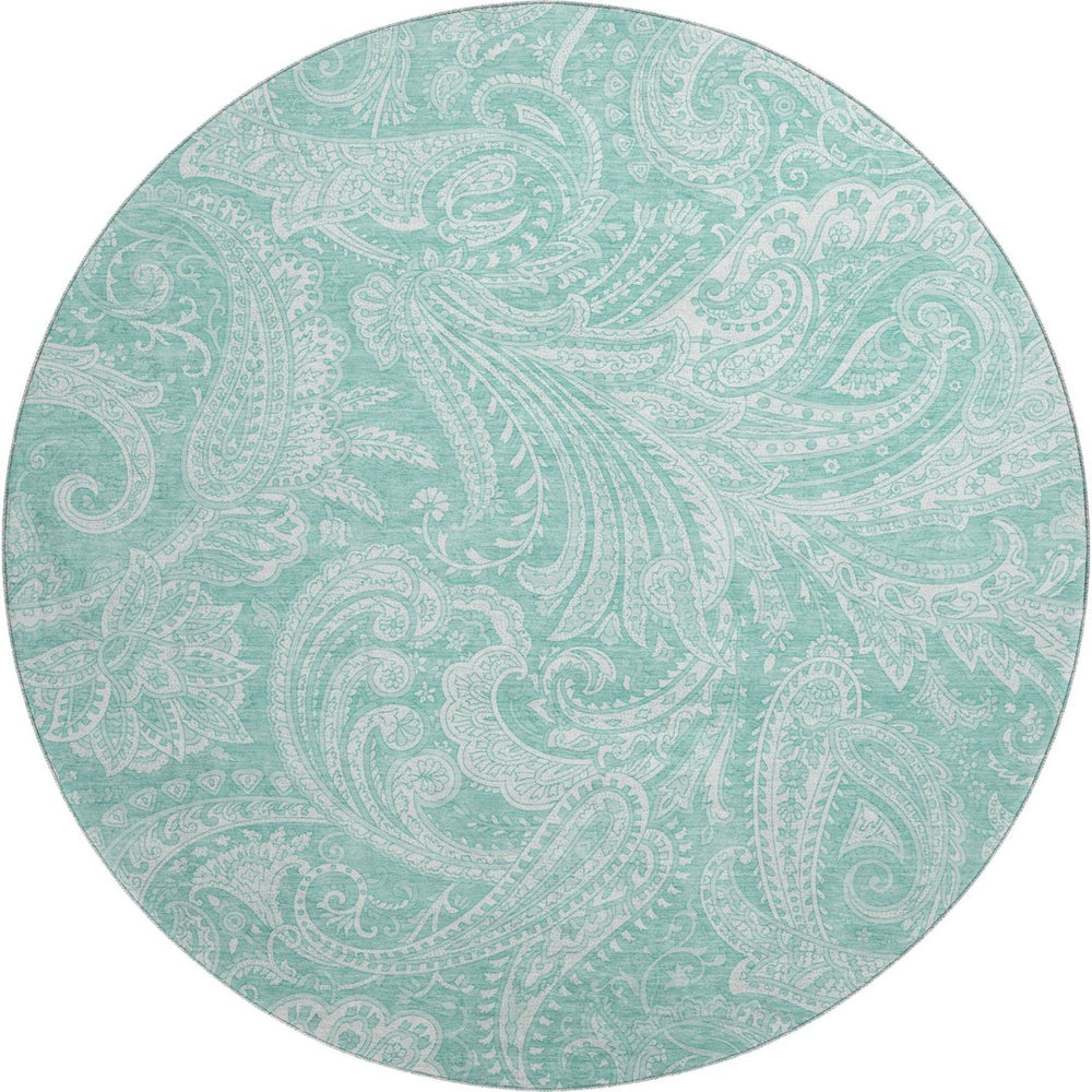 HomeRoots 8' Teal And Ivory Paisley Washable Round Rug - Stylish, Durable, Stain-Resistant with UV Protection! 654677