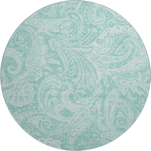 HomeRoots 8' Teal And Ivory Paisley Washable Round Rug - Stylish, Durable, Stain-Resistant with UV Protection! 654677