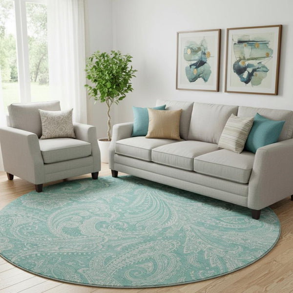 HomeRoots 8' Teal And Ivory Paisley Washable Round Rug - Stylish, Durable, Stain-Resistant with UV Protection! 654677