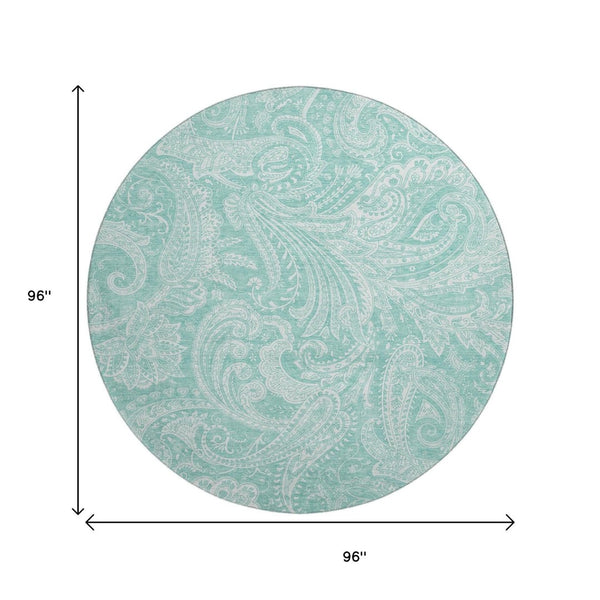 HomeRoots 8' Teal And Ivory Paisley Washable Round Rug - Stylish, Durable, Stain-Resistant with UV Protection! 654677