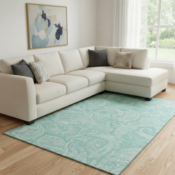 HomeRoots 9' X 12' Teal & Ivory Paisley Area Rug - Washable, UV-Protected, Durable for High-Traffic Spaces 654679