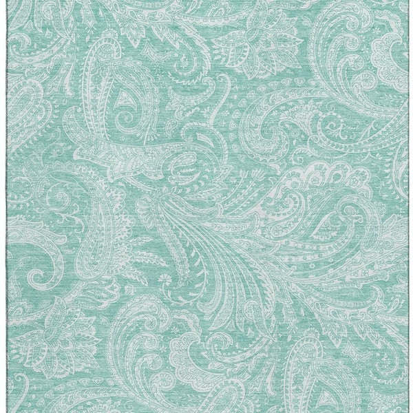 HomeRoots 9' X 12' Teal & Ivory Paisley Area Rug - Washable, UV-Protected, Durable for High-Traffic Spaces 654679