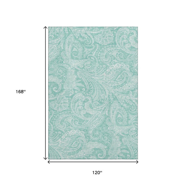 HomeRoots 10' X 14' Teal And Ivory Paisley Area Rug – Washable, UV Protected, Stain-Resistant for Family Spaces 654680