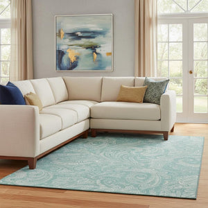 HomeRoots 10' X 14' Teal And Ivory Paisley Area Rug – Washable, UV Protected, Stain-Resistant for Family Spaces 654680