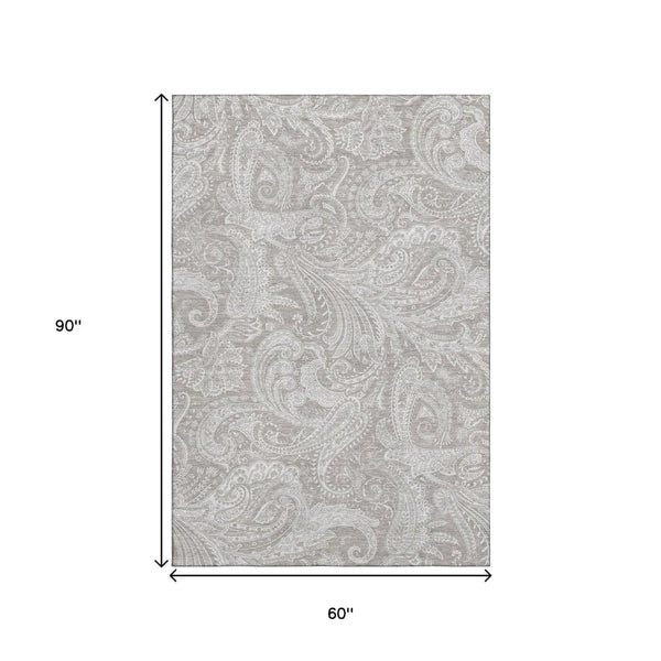 HomeRoots 5' X 8' Elegant Taupe and Ivory Paisley Area Rug – Durable, Stain-Resistant, UV Protected Design 654682