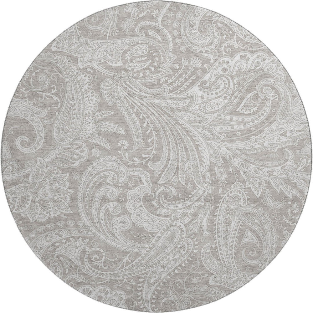 HomeRoots 8' Taupe and Ivory Paisley Washable Round Rug – Durable, Stain-Resistant with UV Protection for Homes 654683