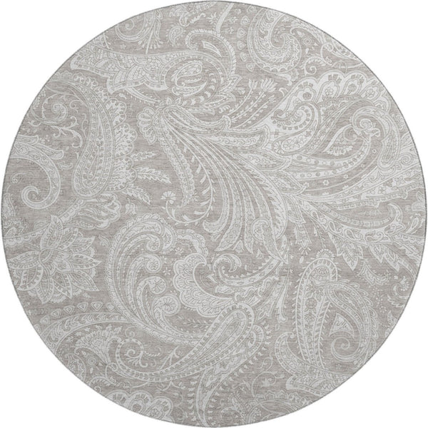 HomeRoots 8' Taupe and Ivory Paisley Washable Round Rug – Durable, Stain-Resistant with UV Protection for Homes 654683