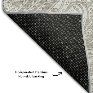 HomeRoots 8' Taupe and Ivory Paisley Washable Round Rug – Durable, Stain-Resistant with UV Protection for Homes 654683