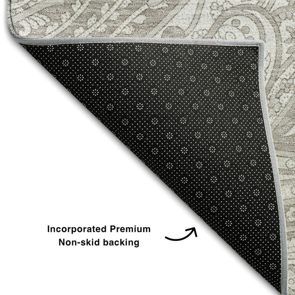 HomeRoots 8' Taupe and Ivory Paisley Washable Round Rug – Durable, Stain-Resistant with UV Protection for Homes 654683
