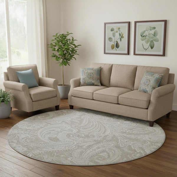 HomeRoots 8' Taupe and Ivory Paisley Washable Round Rug – Durable, Stain-Resistant with UV Protection for Homes 654683