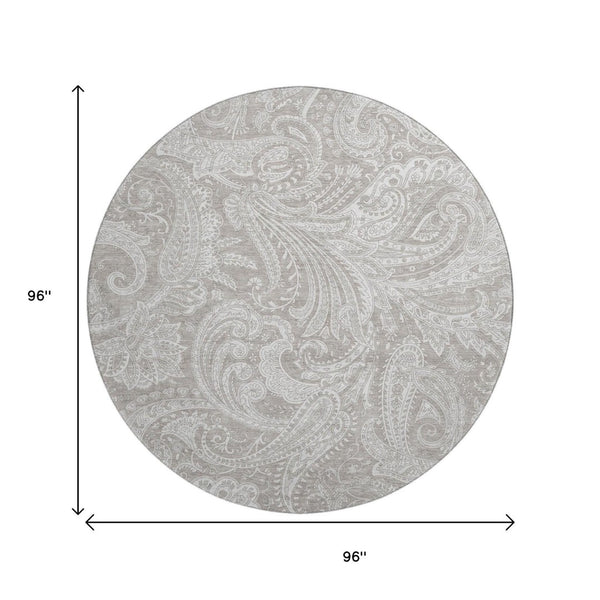 HomeRoots 8' Taupe and Ivory Paisley Washable Round Rug – Durable, Stain-Resistant with UV Protection for Homes 654683