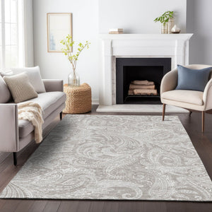 HomeRoots 10' X 14' Stylish Taupe and Ivory Paisley Area Rug - Washable, UV Protected for High-Traffic Areas 654686
