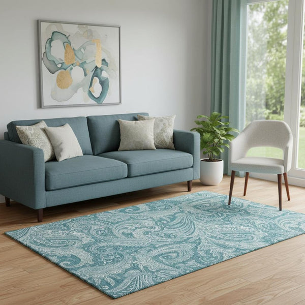 HomeRoots 5' Turquoise & Ivory Paisley Area Rug - Washable, UV Protected, Durable for Busy Households & Style 654688