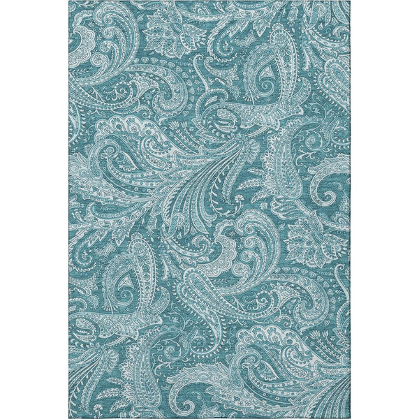 HomeRoots 5' Turquoise & Ivory Paisley Area Rug - Washable, UV Protected, Durable for Busy Households & Style 654688