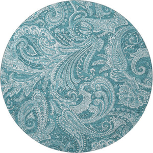 HomeRoots 8' Turquoise and Ivory Paisley Washable Round Rug with UV Protection for Indoor and Outdoor Use 654689