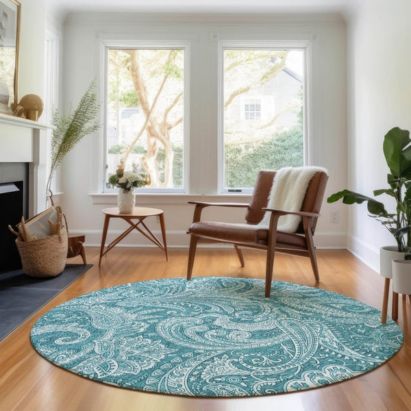 HomeRoots 8' Turquoise and Ivory Paisley Washable Round Rug with UV Protection for Indoor and Outdoor Use 654689