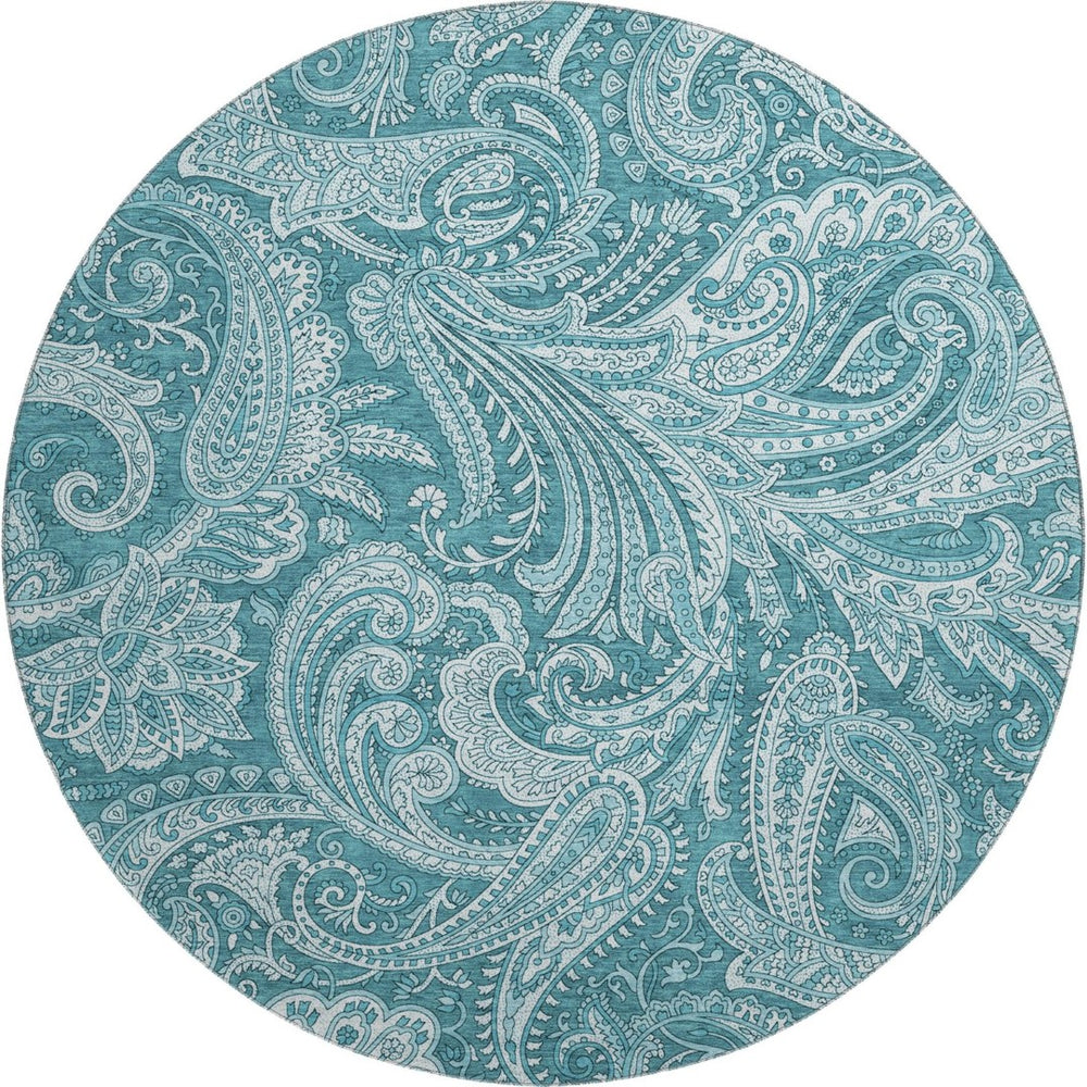 HomeRoots 8' Turquoise and Ivory Paisley Washable Round Rug with UV Protection for Indoor and Outdoor Use 654689