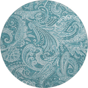 HomeRoots 8' Turquoise and Ivory Paisley Washable Round Rug with UV Protection for Indoor and Outdoor Use 654689