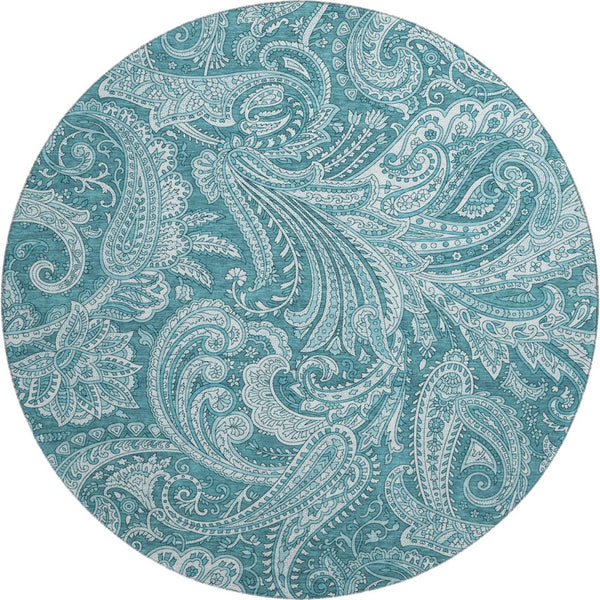 HomeRoots 8' Turquoise and Ivory Paisley Washable Round Rug with UV Protection for Indoor and Outdoor Use 654689