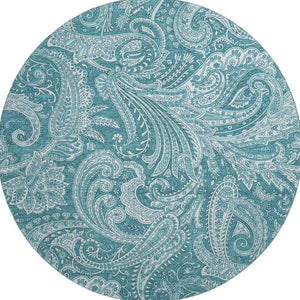 HomeRoots 8' Turquoise and Ivory Paisley Washable Round Rug with UV Protection for Indoor and Outdoor Use 654689