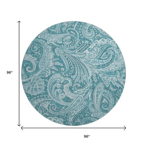 HomeRoots 8' Turquoise and Ivory Paisley Washable Round Rug with UV Protection for Indoor and Outdoor Use 654689