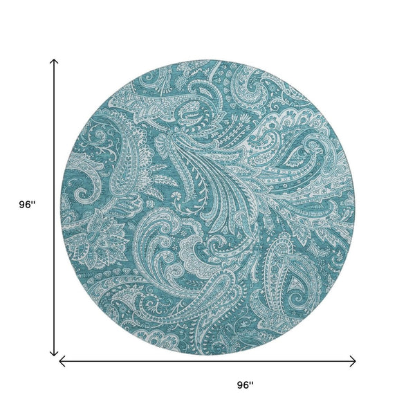HomeRoots 8' Turquoise and Ivory Paisley Washable Round Rug with UV Protection for Indoor and Outdoor Use 654689