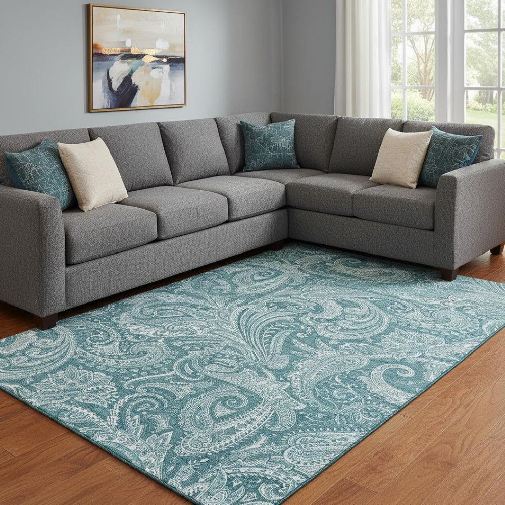 HomeRoots 8' X 10' Turquoise & Ivory Paisley Washable Area Rug - Durable, Stain-Resistant with UV Protection 654690