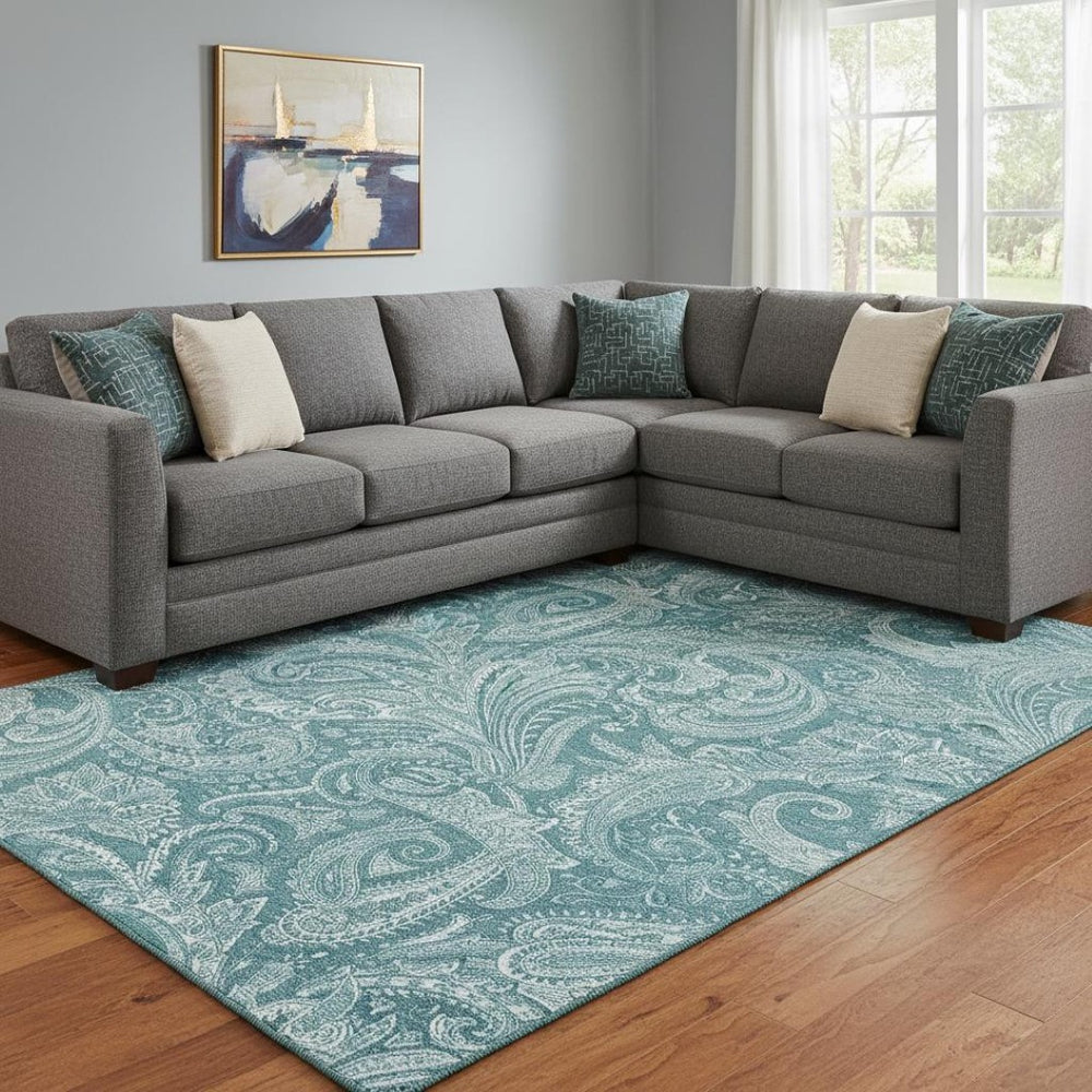 HomeRoots 9' X 12' Turquoise & Ivory Paisley Washable Area Rug - UV Protected, Stain Resistant, Family Friendly 654691