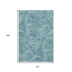 HomeRoots 10' X 14' Turquoise & Ivory Paisley Washable Area Rug with UV Protection for High-Traffic Spaces 654692