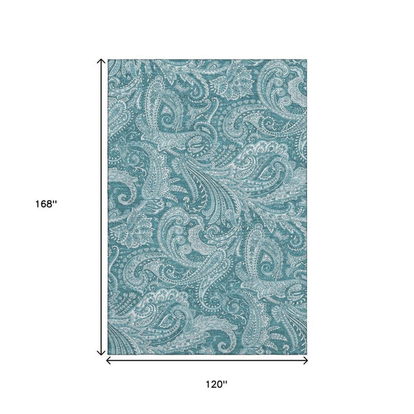 HomeRoots 10' X 14' Turquoise & Ivory Paisley Washable Area Rug with UV Protection for High-Traffic Spaces 654692