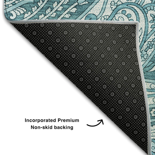 HomeRoots 10' X 14' Turquoise & Ivory Paisley Washable Area Rug with UV Protection for High-Traffic Spaces 654692