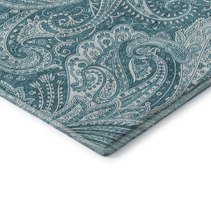 HomeRoots 10' X 14' Turquoise & Ivory Paisley Washable Area Rug with UV Protection for High-Traffic Spaces 654692