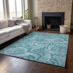 HomeRoots 10' X 14' Turquoise & Ivory Paisley Washable Area Rug with UV Protection for High-Traffic Spaces 654692