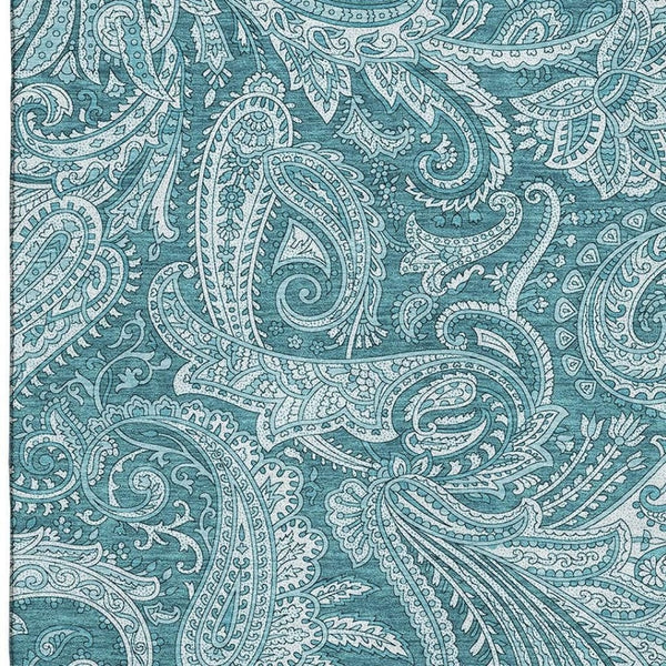 HomeRoots 10' X 14' Turquoise & Ivory Paisley Washable Area Rug with UV Protection for High-Traffic Spaces 654692