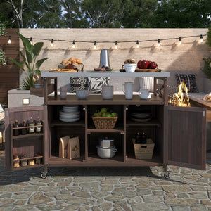 English Elm K&K Outdoor Kitchen Island Rolling Bar Cart with 1.2" Stainless Steel Top, Ample Storage, Wheels and Spice Rack Dark Brown WF532198AAZ