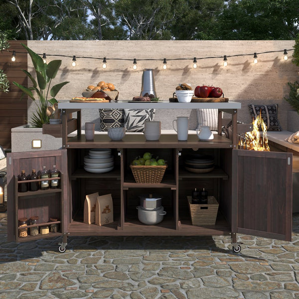 English Elm K&K Outdoor Kitchen Island Rolling Bar Cart with 1.2" Stainless Steel Top, Ample Storage, Wheels and Spice Rack Dark Brown WF532198AAZ