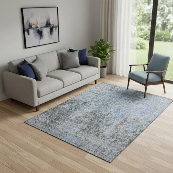 HomeRoots 5' X 8' Gray and Blue Abstract Area Rug – Washable, UV-Protected, Stylish, and Durable for Any Room 654756