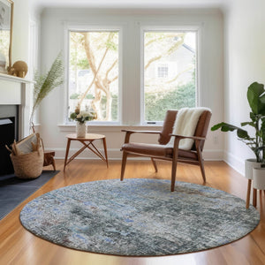 HomeRoots 8' Gray and Blue Abstract Round Area Rug - Washable, UV-Protected, Stain-Resistant Design for Durability 654757
