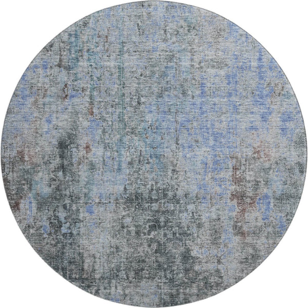 HomeRoots 8' Gray and Blue Abstract Round Area Rug - Washable, UV-Protected, Stain-Resistant Design for Durability 654757