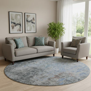 HomeRoots 8' Gray and Blue Abstract Round Area Rug - Washable, UV-Protected, Stain-Resistant Design for Durability 654757